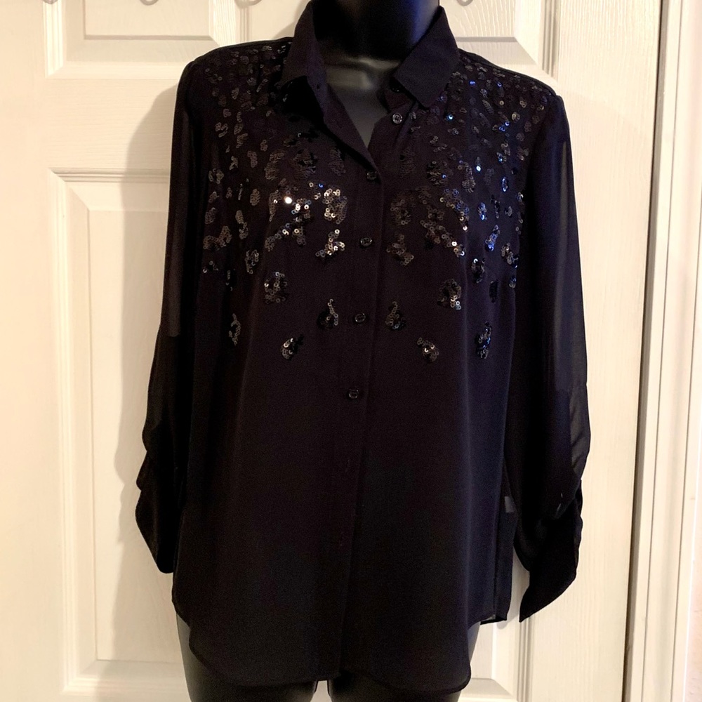 Bebe Black Sequin Collared Button-Down Blouse - image 1